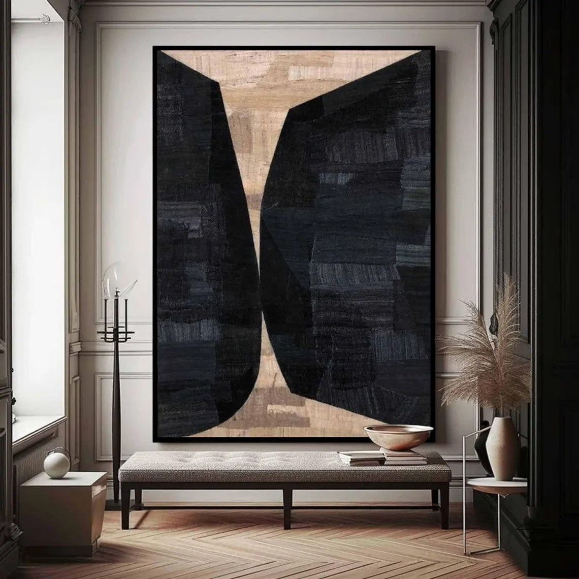 Geometric Abstract Painting Black and Beige Wall Art