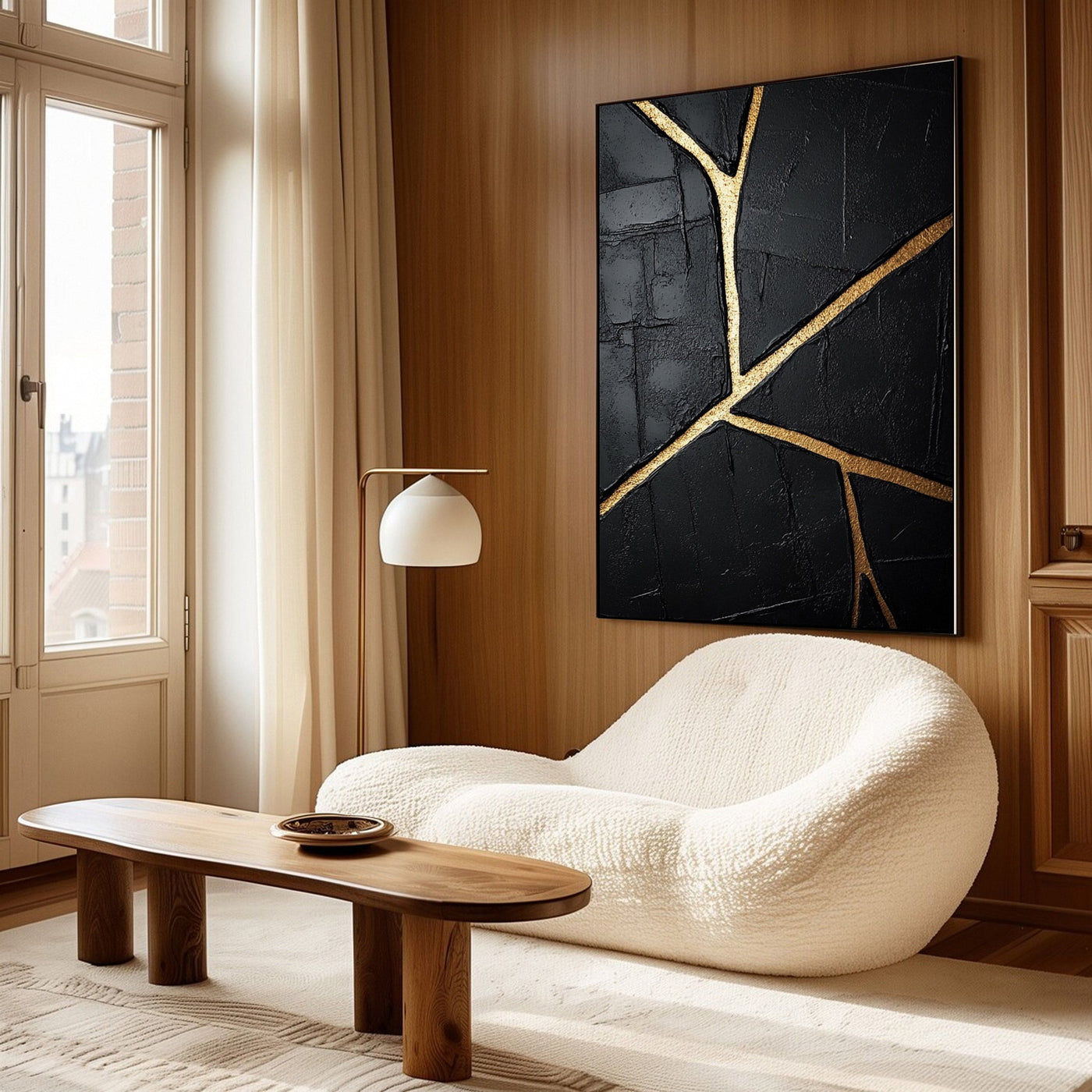 Golden Cracks I — Black & Gold Abstract Wall Art