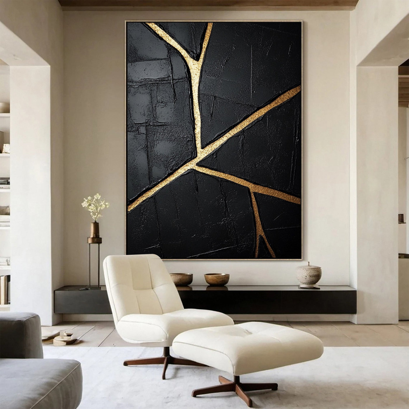 Golden Cracks I — Black & Gold Abstract Wall Art