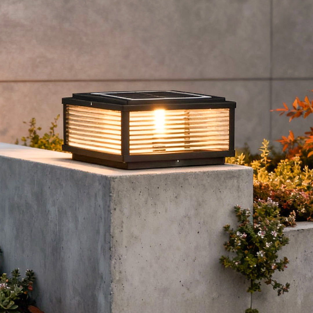 Outdoor Pillar Light Modern Ribbed Glass LED Solar Garden Post Lamp