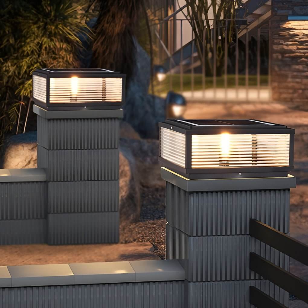 Outdoor Pillar Light Modern Ribbed Glass LED Solar Garden Post Lamp