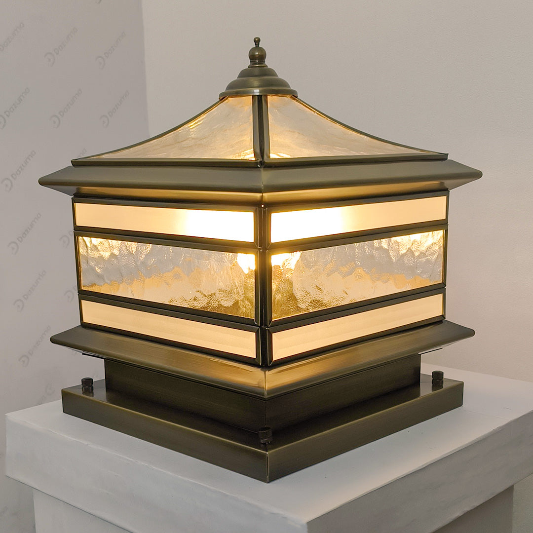Solar Post Light Retro Copper Outdoor Lantern Fence Pillar Glass Lamp