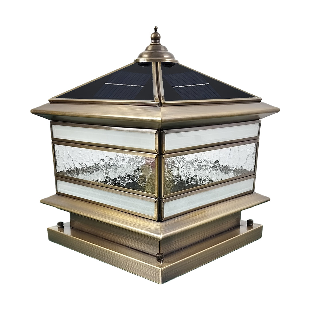 Solar Post Light Retro Copper Outdoor Lantern Fence Pillar Glass Lamp
