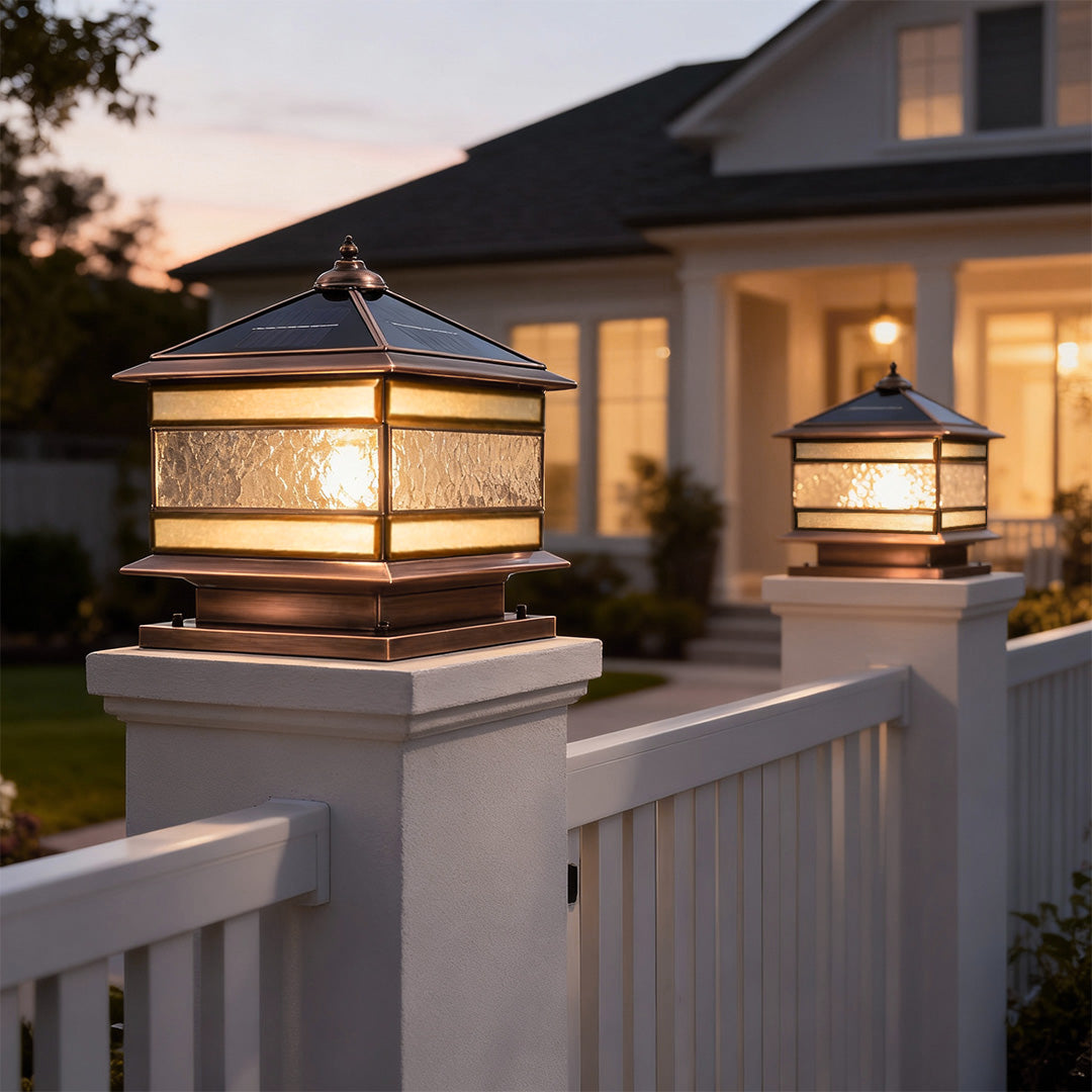 Solar Post Light Retro Copper Outdoor Lantern Fence Pillar Glass Lamp