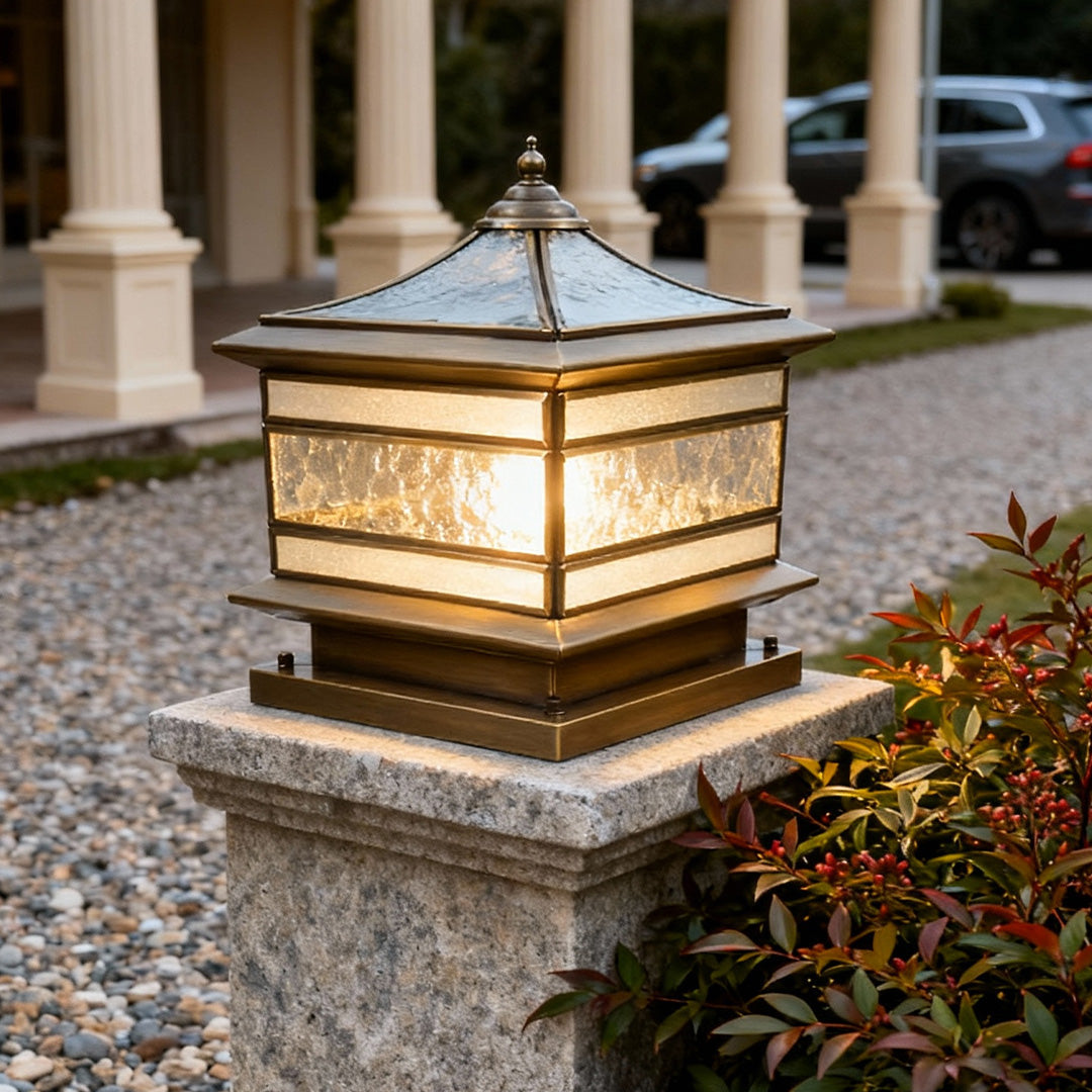 Solar Post Light Retro Copper Outdoor Lantern Fence Pillar Glass Lamp