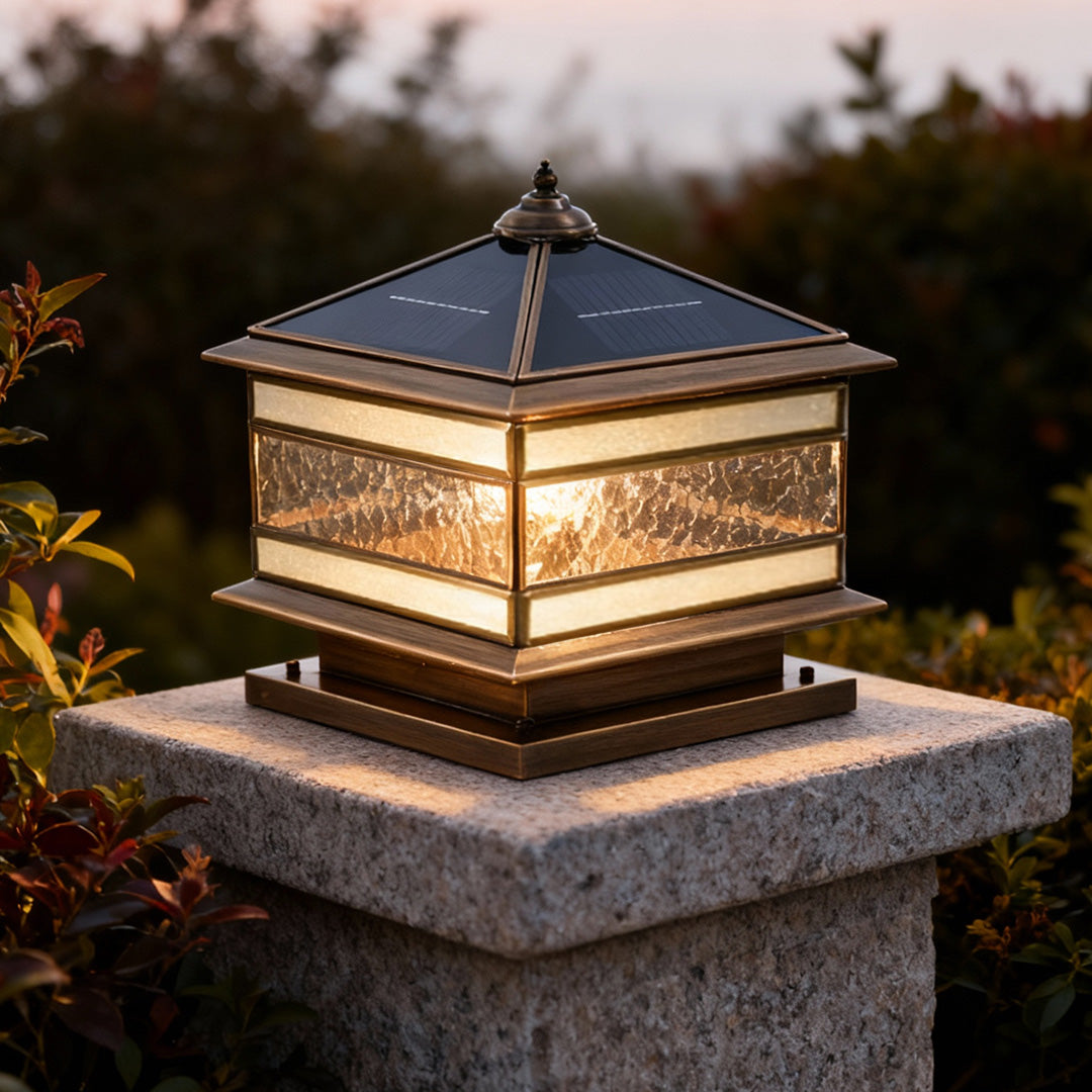 Solar Post Light Retro Copper Outdoor Lantern Fence Pillar Glass Lamp