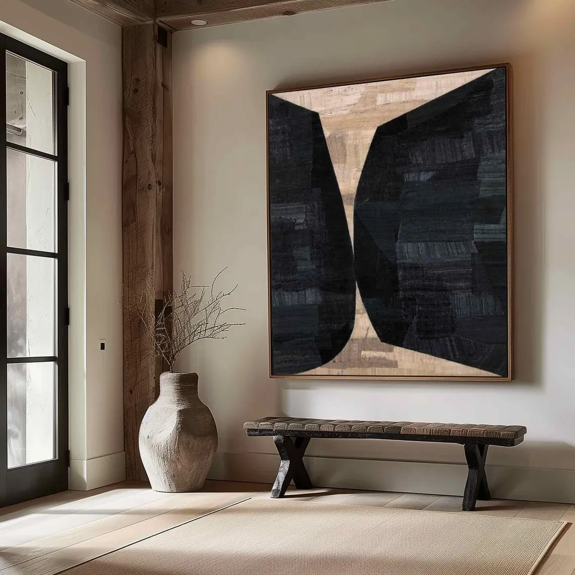 Geometric Abstract Painting — Black & Beige Wall Art