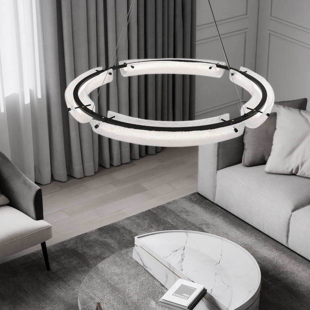 LED Chandelier Modern Frosted Glass Ring Black Iron Dining Pendant