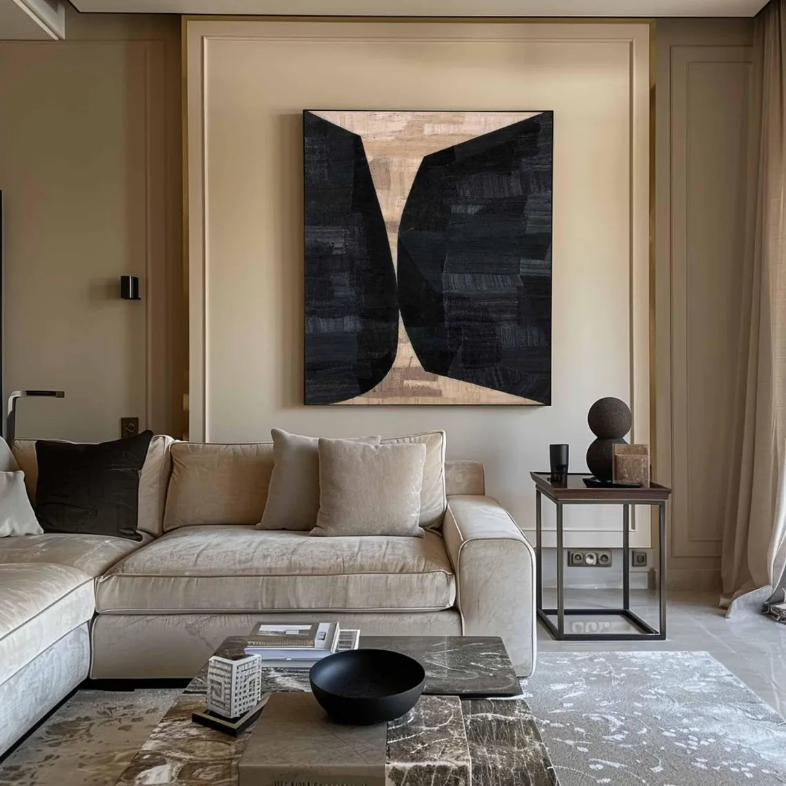 Geometric Abstract Painting — Black & Beige Wall Art