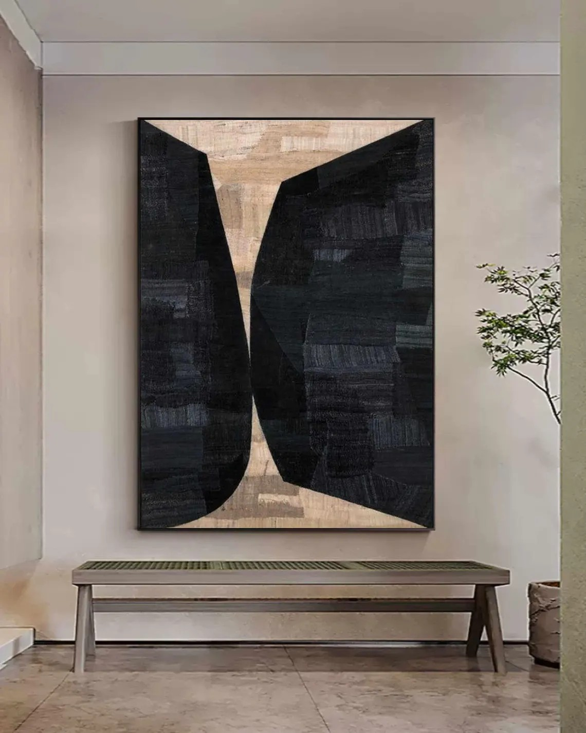 Geometric Abstract Painting — Black & Beige Wall Art