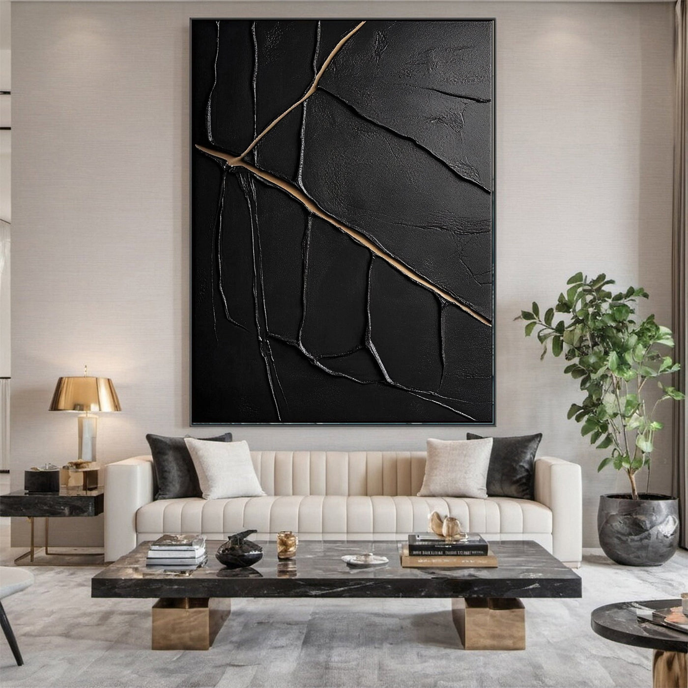 Golden Cracks II Black and Gold Abstract Wall Art