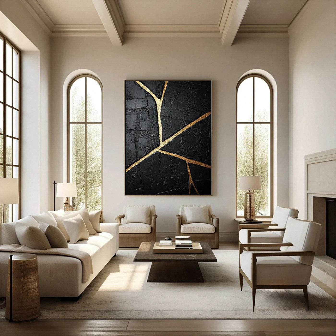 Golden Cracks I — Black & Gold Abstract Wall Art