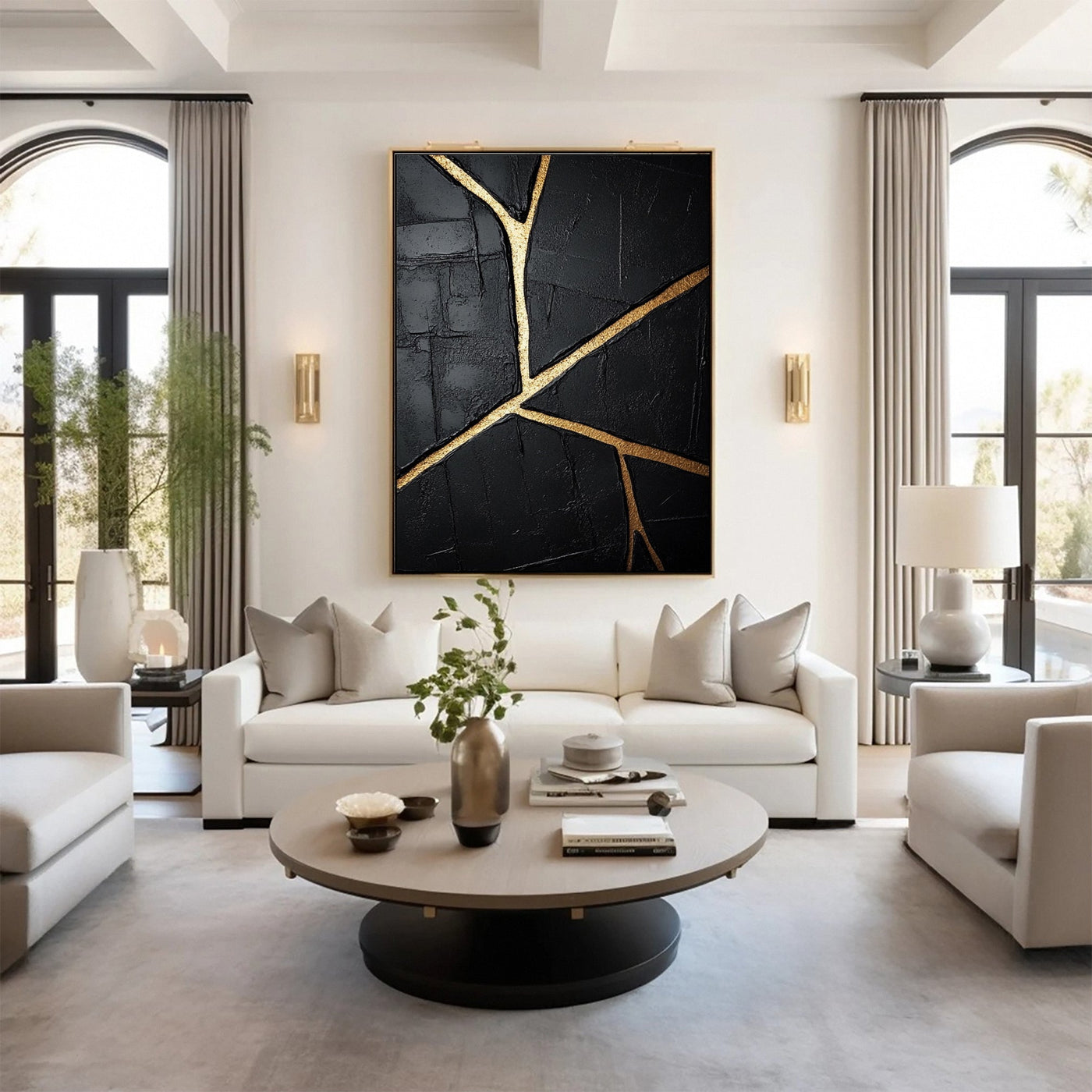 Golden Cracks I — Black & Gold Abstract Wall Art