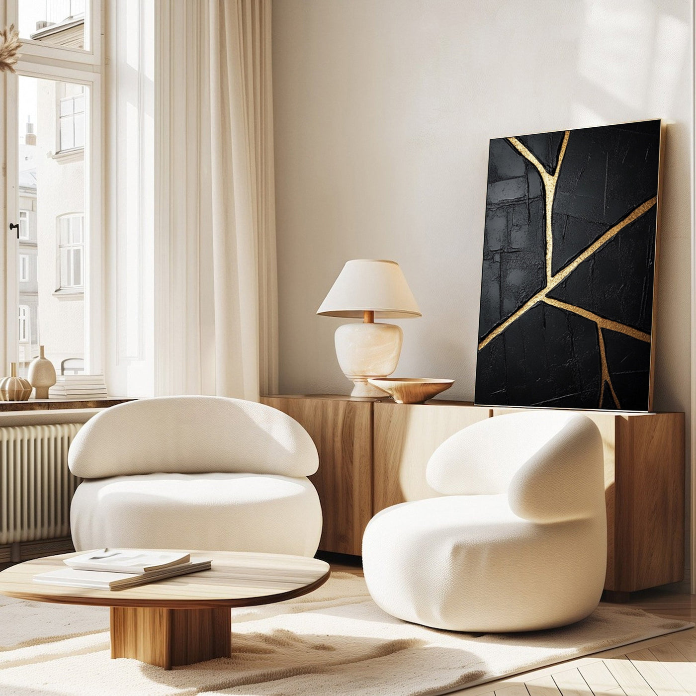 Golden Cracks I — Black & Gold Abstract Wall Art