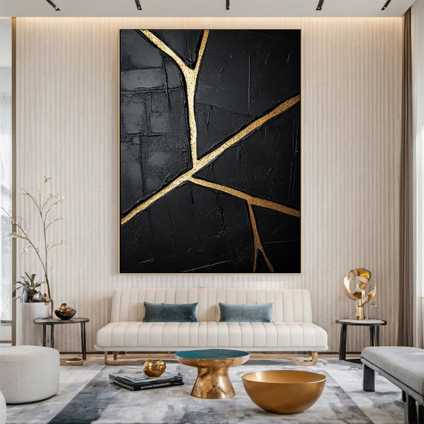 Golden Cracks I Black and Gold Abstract Wall Art
