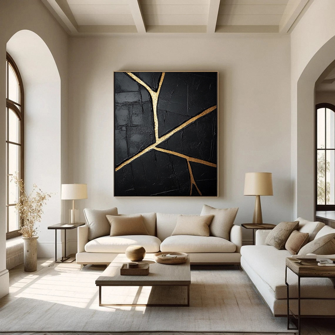 Golden Cracks I — Black & Gold Abstract Wall Art