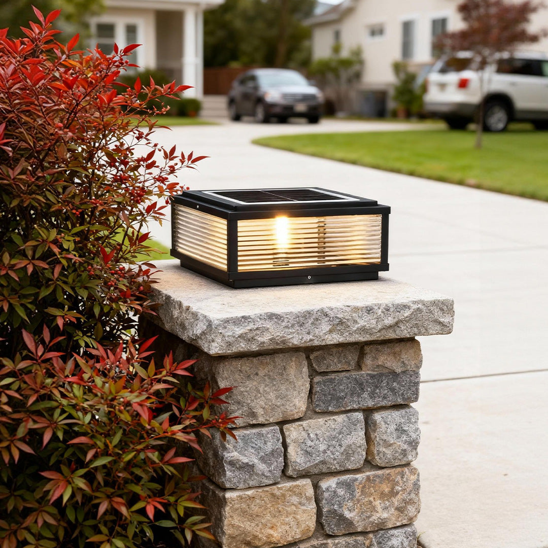 Outdoor Pillar Light Modern Ribbed Glass LED Solar Garden Post Lamp