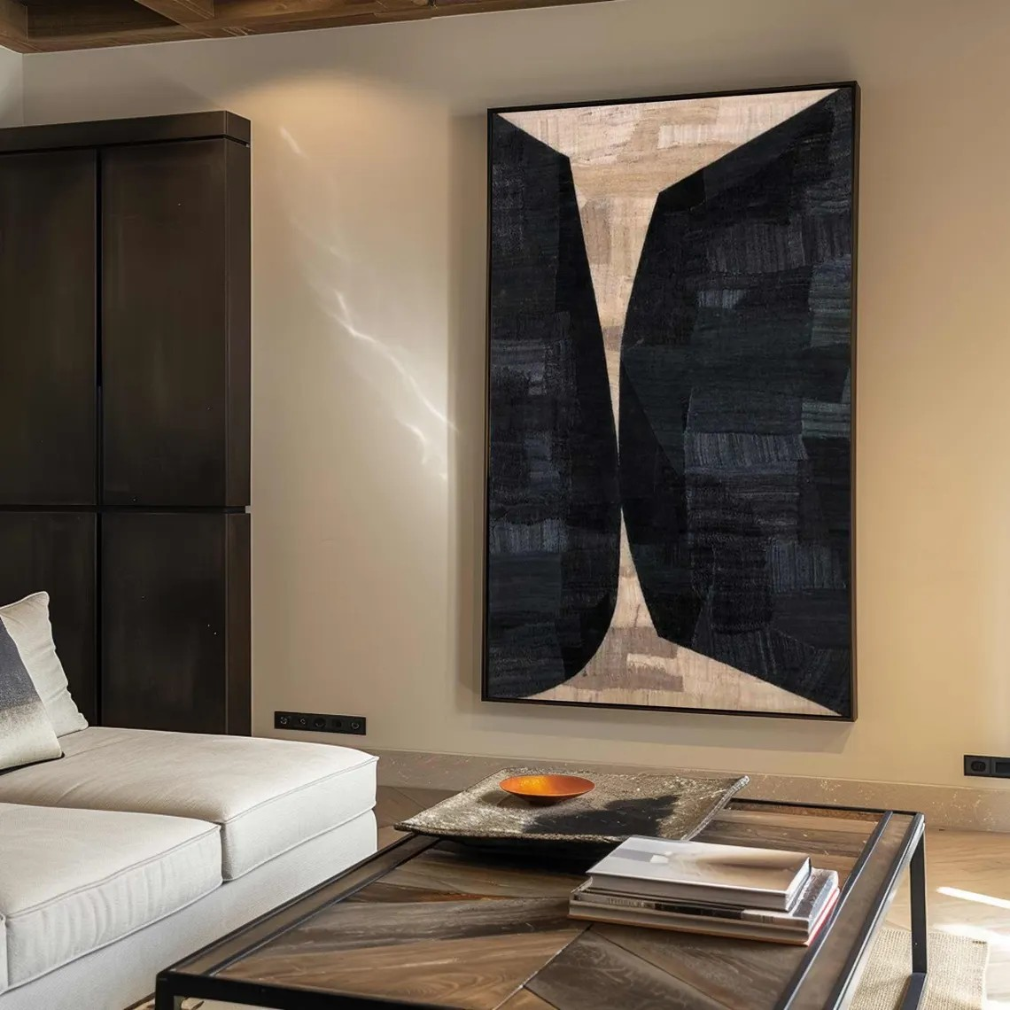Geometric Abstract Painting — Black & Beige Wall Art