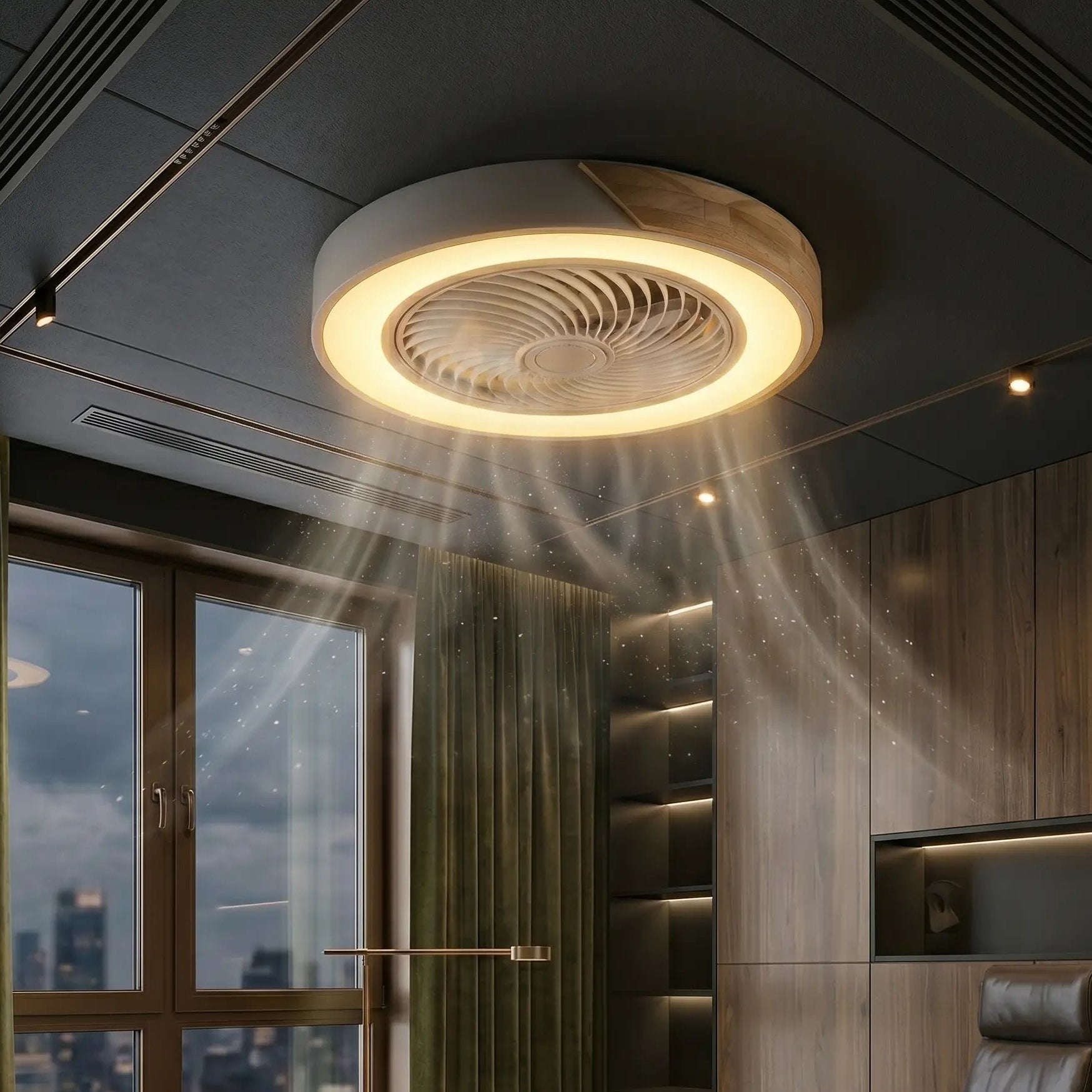 Ceiling fan in a modern office with large windows and cityscape view