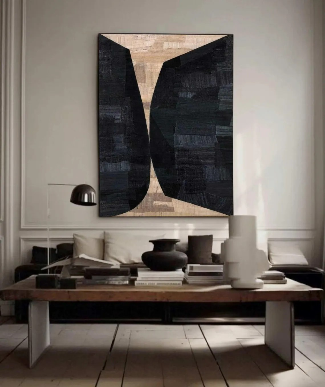 Geometric Abstract Painting — Black & Beige Wall Art