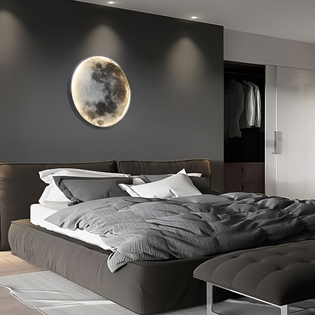 LED Wall Lamp - Round Moon Modern Art Sconce - Dimmable Bedroom Light