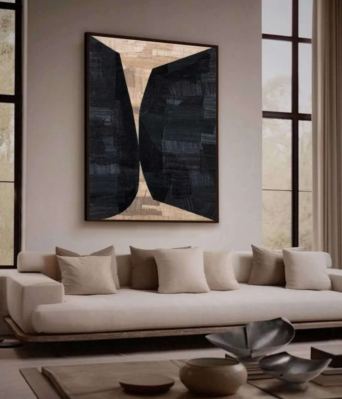 Geometric Abstract Painting — Black & Beige Wall Art