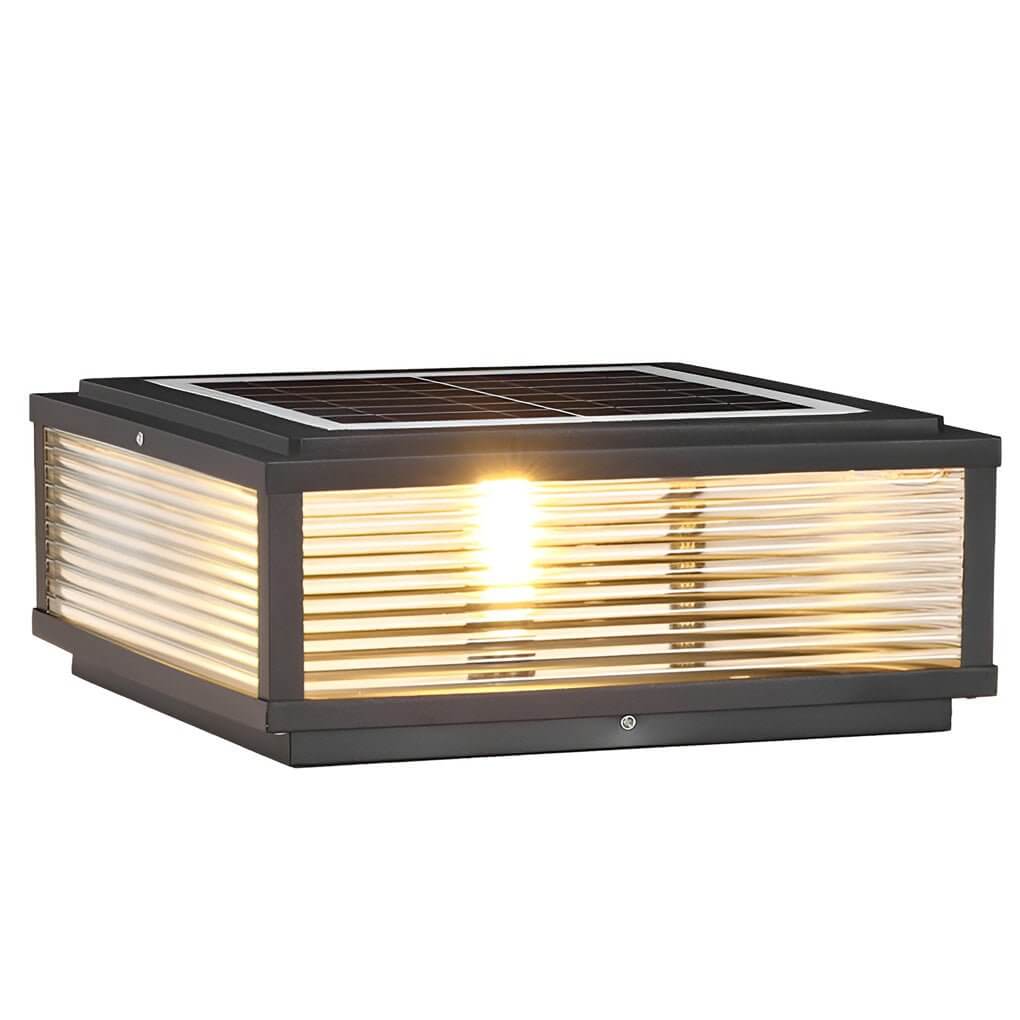 Outdoor Pillar Light Modern Ribbed Glass LED Solar Garden Post Lamp