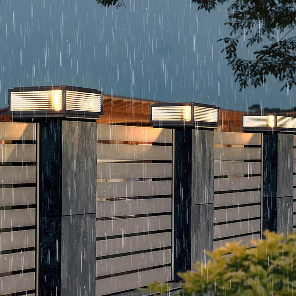 Outdoor Pillar Light Modern Ribbed Glass LED Solar Garden Post Lamp