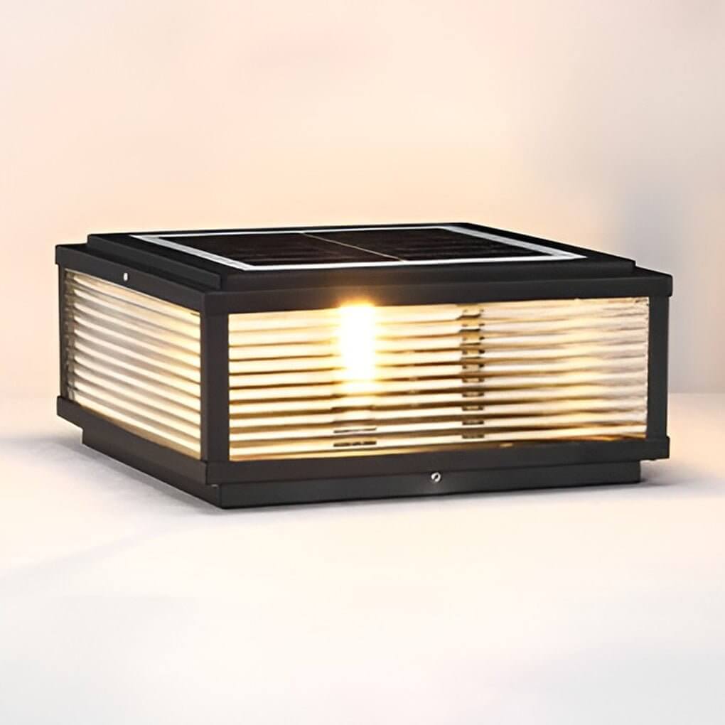 Outdoor Pillar Light Modern Ribbed Glass LED Solar Garden Post Lamp