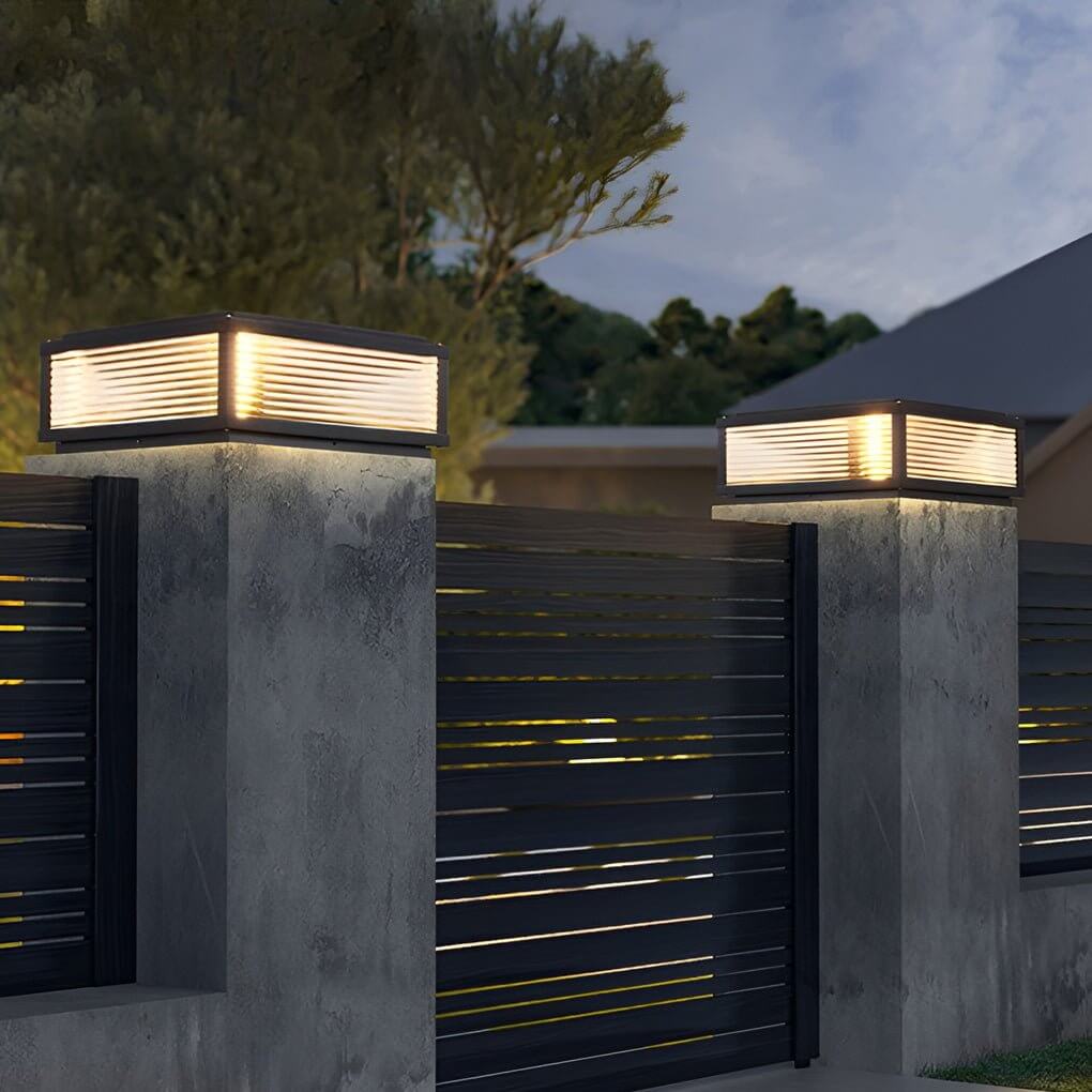 Outdoor Pillar Light Modern Ribbed Glass LED Solar Garden Post Lamp