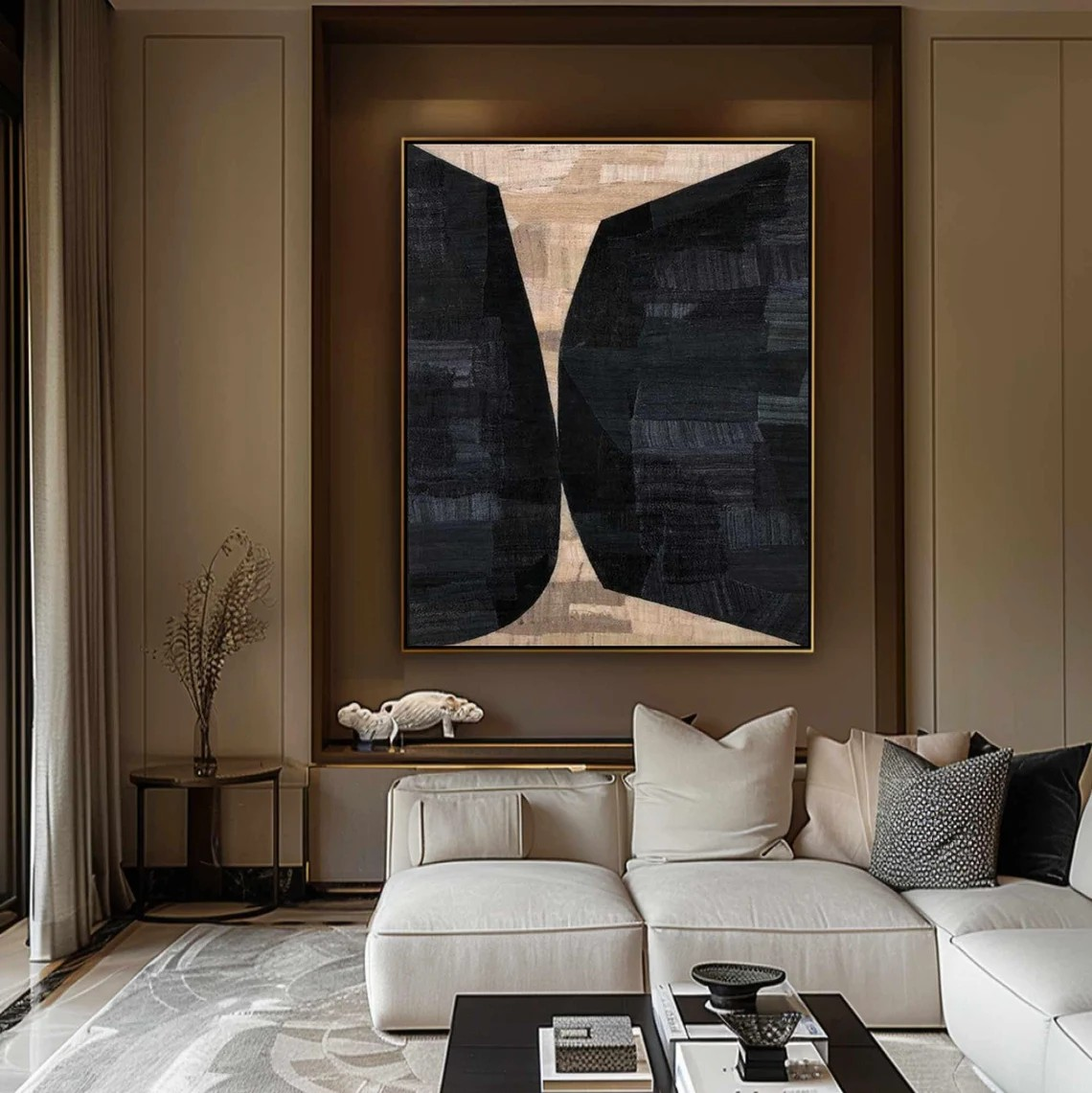 Geometric Abstract Painting — Black & Beige Wall Art