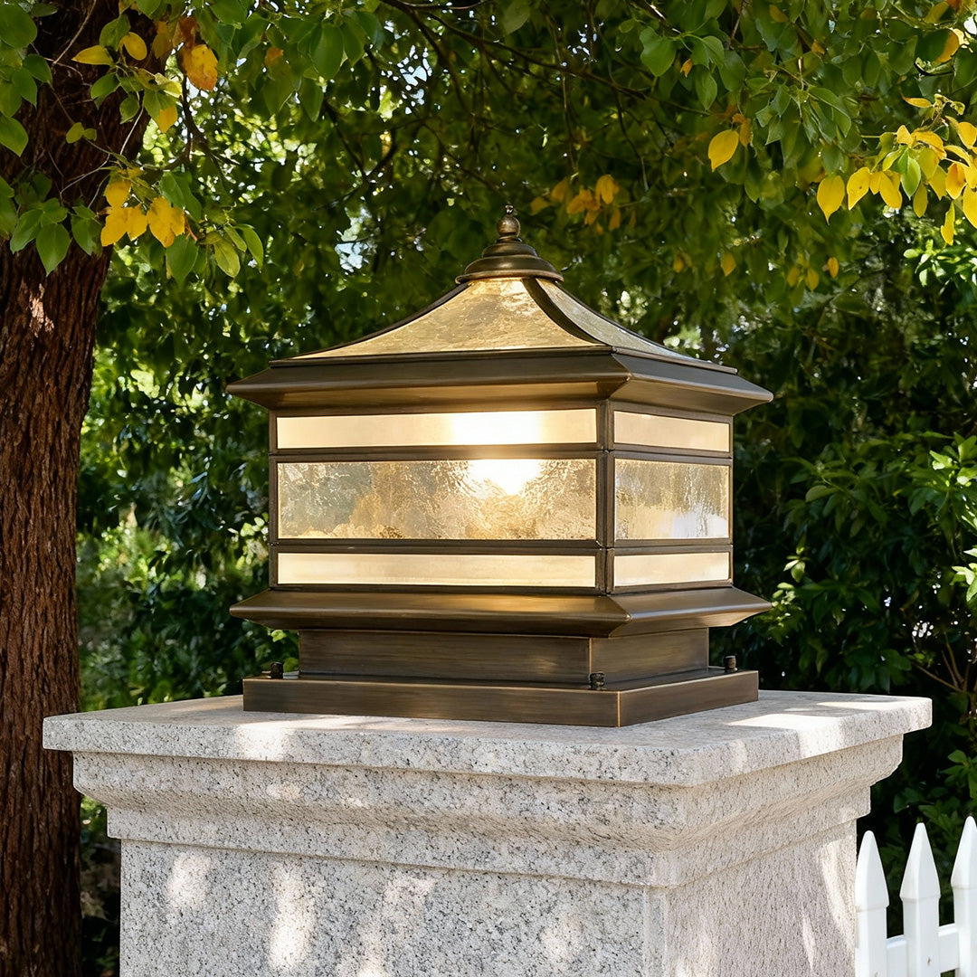 Solar Post Light Retro Copper Outdoor Lantern Fence Pillar Glass Lamp