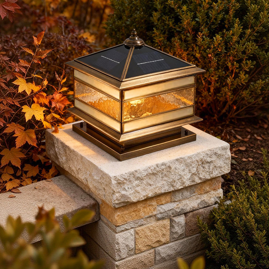 Solar Post Light Retro Copper Outdoor Lantern Fence Pillar Glass Lamp