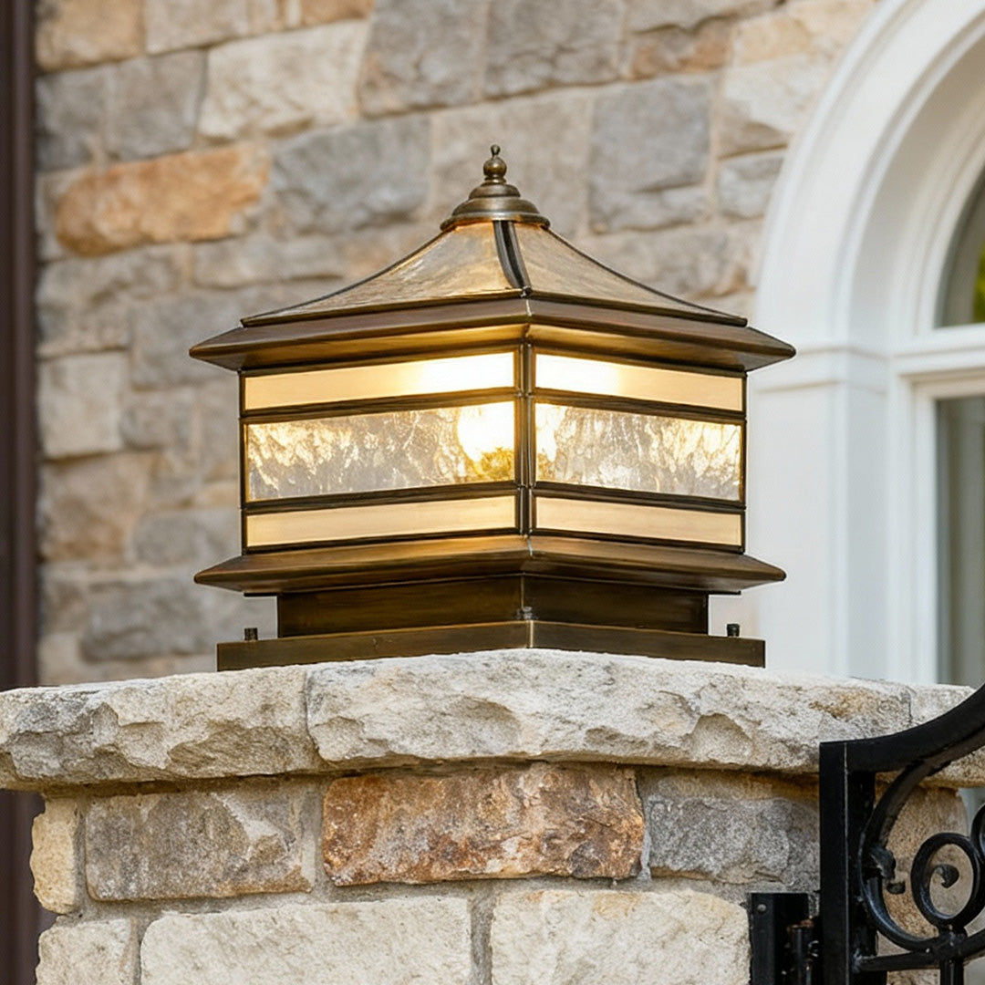 Solar Post Light Retro Copper Outdoor Lantern Fence Pillar Glass Lamp