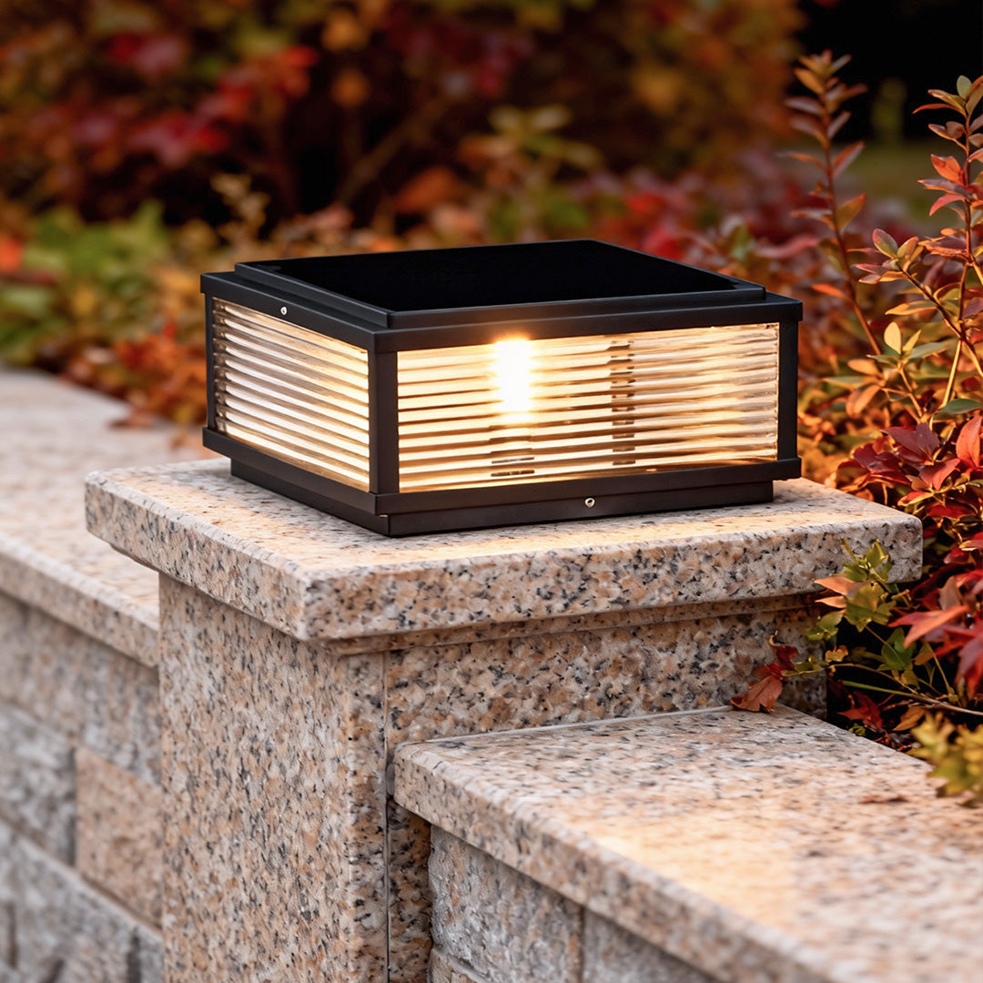 Outdoor Pillar Light Modern Ribbed Glass LED Solar Garden Post Lamp