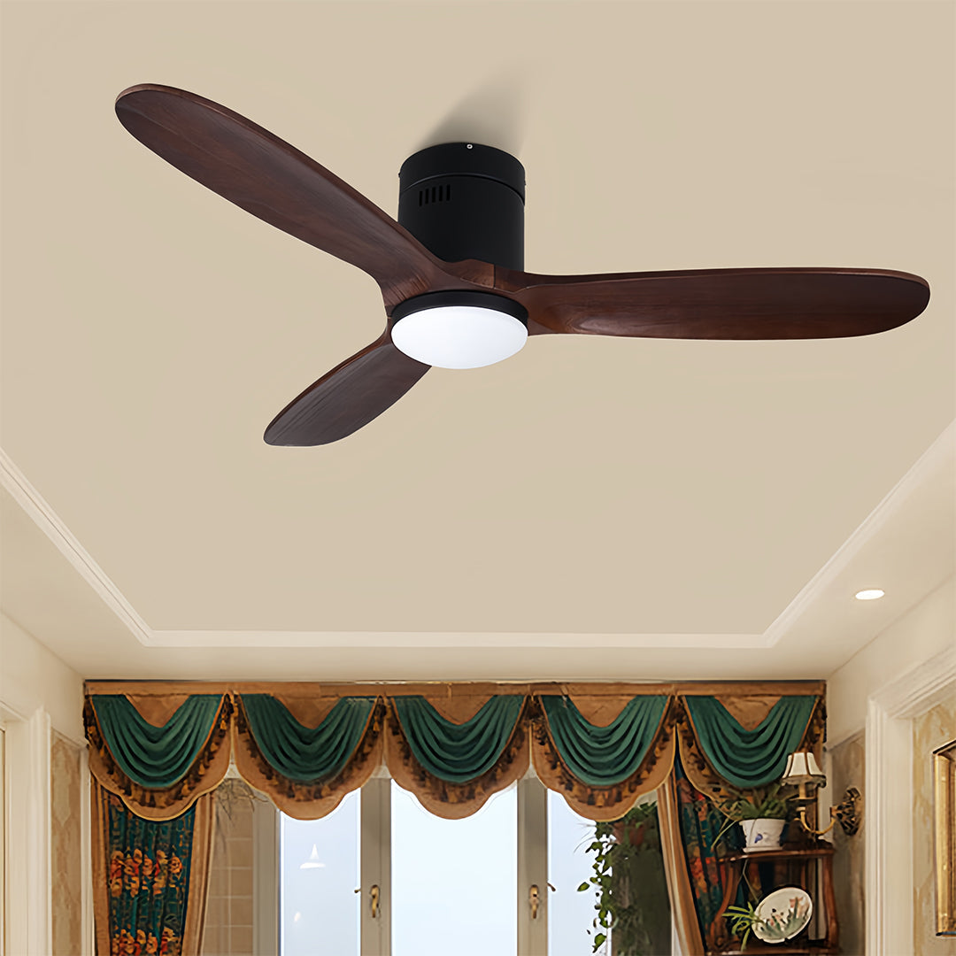 Solid Wood 3-Blade Ceiling Fan with Light & Remote
