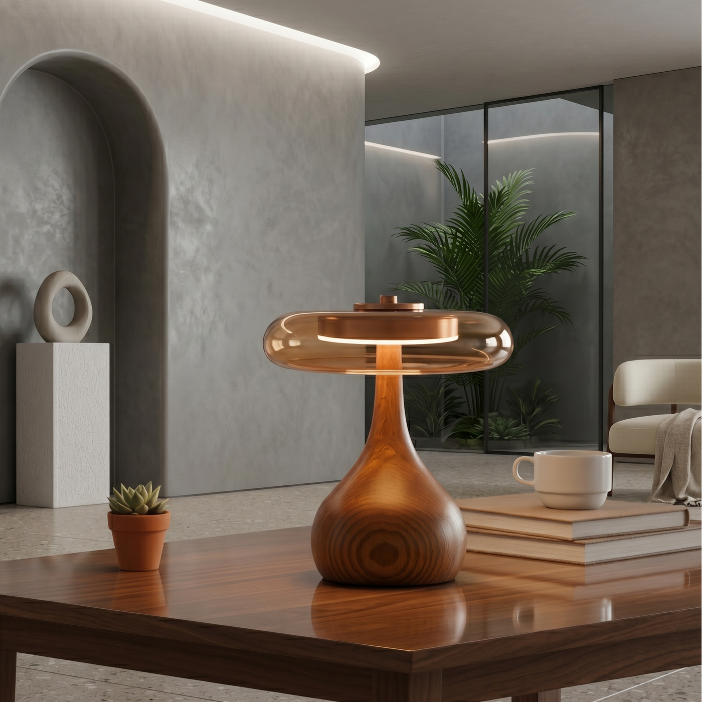 Mid-Century Wood & Glass Disc Table Lamp
