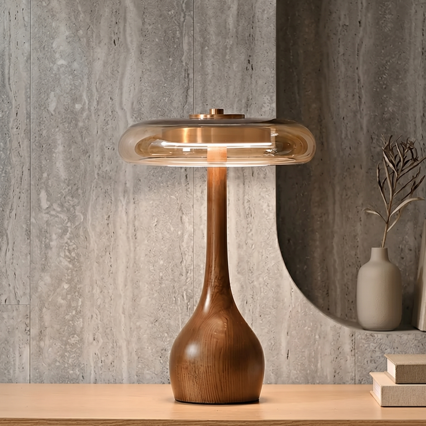 Mid-Century Wood & Glass Disc Table Lamp